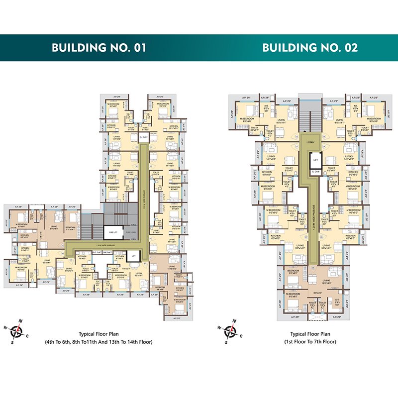Typical floor plans for Building 01 and Building 02, as published by the developer