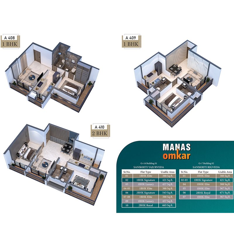 Developer’s 1 and 2 BHK apartment layouts and usable-area schedule